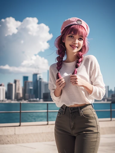 fake animal ears, a light smile, red ears, tooth, pink hair, bangs, curly hair, side braid, halo, beret, animal ears, cat earsシュ...