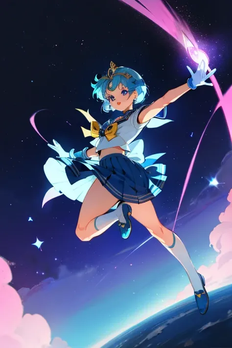 {best quality:1.5}, {very aesthetic:1.2}, ami mizuno, blue eyes, blue hair, short hair, parted bangs,back bow, blue bow, blue choker, blue sailor collar, blue skirt, bow, choker, earrings, gloves, jewelry, magical girl, miniskirt, pleated skirt, sailor col...