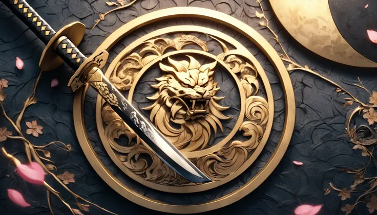 (4k, 8k, ultra-detailed, intricate design, high-res emblem, sharp focus:1.3), (mythical Japanese crest), (samurai clan emblem), inspired by traditional Japanese family crests, featuring a stylized katana crossed with a smithing hammer, both surrounded by s...