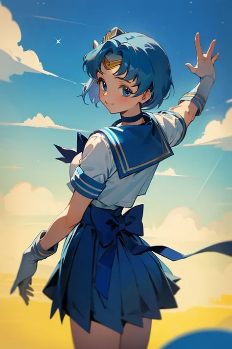 {best quality:1.5}, {very aesthetic:1.5}, ami mizuno, blue eyes, blue hair, short hair, parted bangs,back bow, blue bow, blue choker, blue sailor collar, blue skirt, bow, choker, earrings, gloves, jewelry, magical girl, miniskirt, pleated skirt, sailor col...