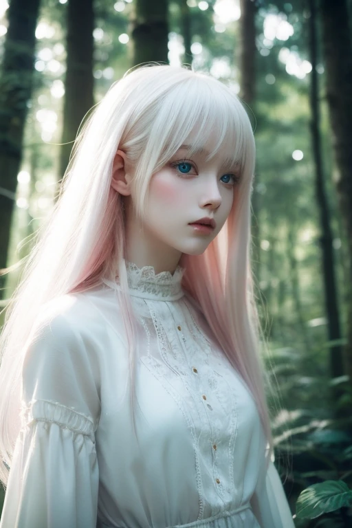 Best Quality　close range　Straight medium hair　The incredible beauty of albino　Fairy-like beauty　Misty Forest