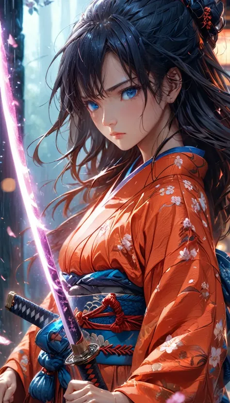 Comic book cover style, high-quality, 4K, 8K, ultra-detailed masterpiece, dynamic action pose: Mayumi stands in a dramatic fighting stance, katana drawn, with an intricate obsidian-black blade that absorbs light. Her eyes are fiercely focused, and her expr...