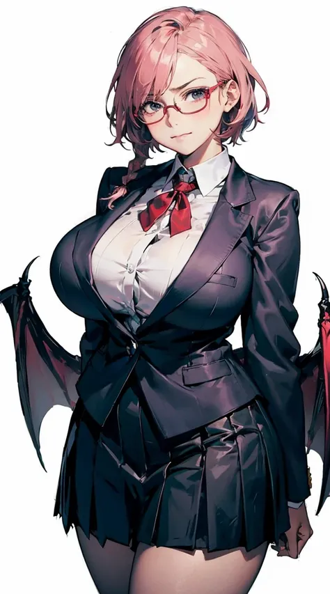 1,short hair,pink hair,braid, gigantic breasts,curvy, beautiful breasts,high school student,girl,shy girl,unhappy,glasses,school uniform,devil wings,sad smile,