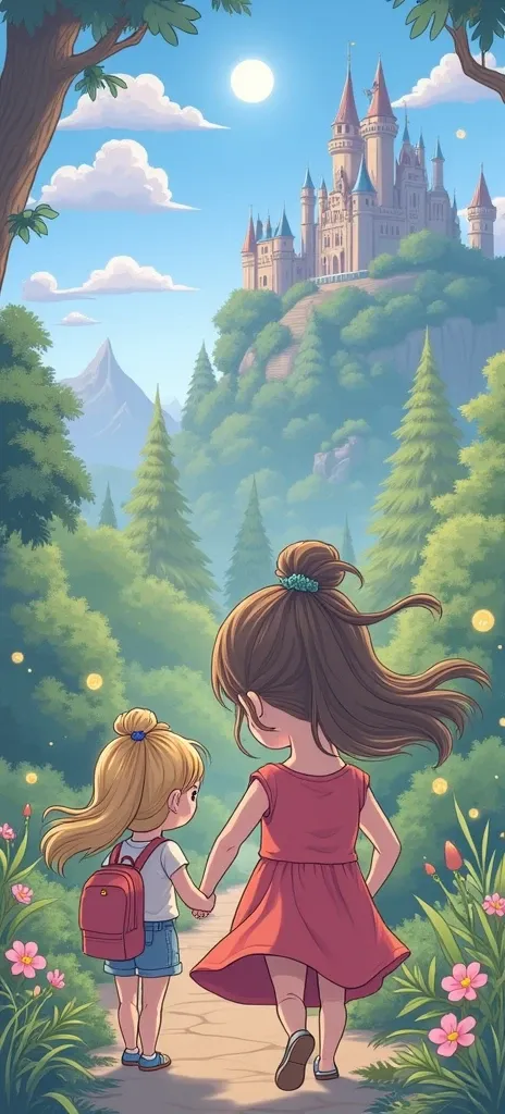 Two children in the forest going to a castle, one with long tied hair, the other with short tied hair, cartoon style 