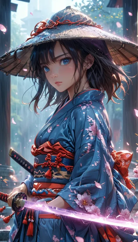 Comic book cover style, high-quality, 4K, 8K, ultra-detailed masterpiece, dynamic action pose: Mayumi stands in a dramatic fighting stance, katana drawn, with an intricate obsidian-black blade that absorbs light. Her eyes are fiercely focused, and her expr...