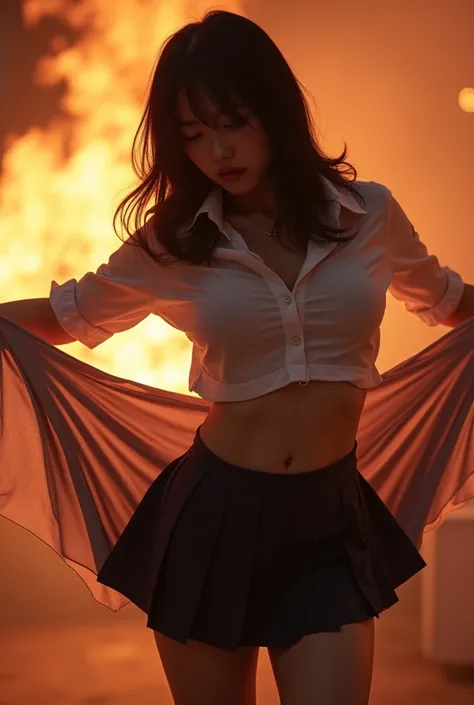 Korean student with miniskirt and big ass, big breast, feeling of orgasm on face, uplifted skirt, showing panty, skirt blowing in air, blurred fire background.