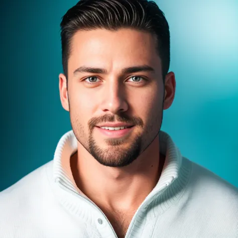 1man, RAW photo, portrait of a charismatic male fitness model, 30 years old，small beard, smiling slightly expression，gloomy eyes，Blue eyes, captured in a white background, wearing a dark blue sweater, soft natural lighting, cinematic and moody, (best quali...