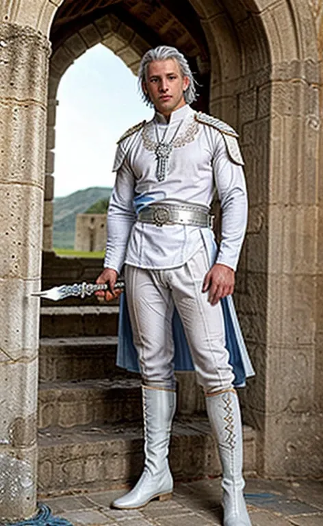 elegant man, strong physique, white tunic, white arabic pants, light blue noble blouse, white boots, messy light blue hair, Look of satisfaction, short hair, Dark blue eyes, noble appearance, holding a silver spear, old castle, Medieval setting.