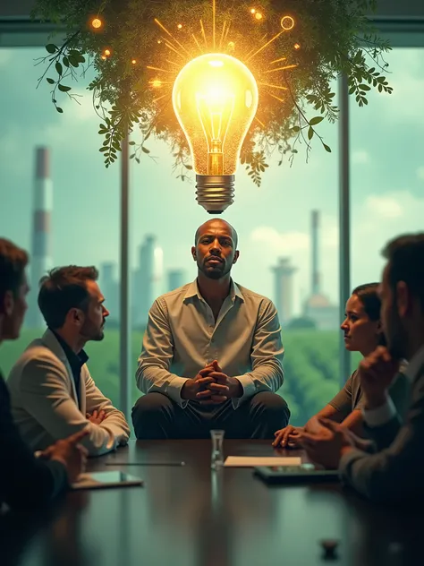 “A hyper-realistic digital art piece showcasing David, the main character, seated in a modern conference room with a group of diverse professionals. David is at the center, dressed modestly yet confidently, reflecting his journey from poverty to innovation...