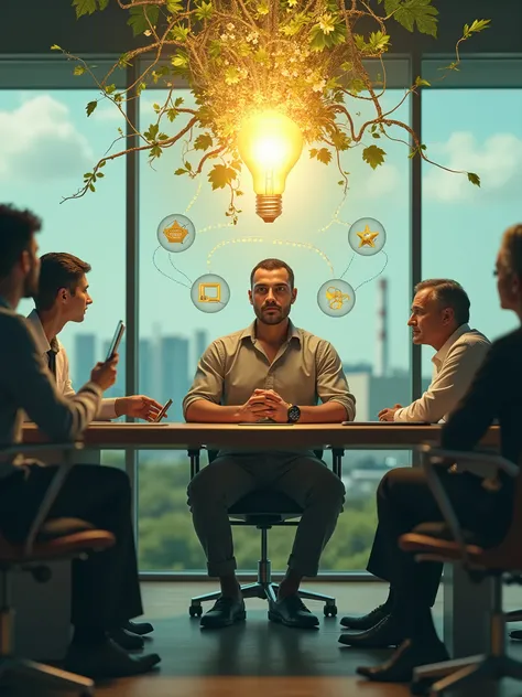 “A hyper-realistic digital art piece showcasing David, the main character, seated in a modern conference room with a group of diverse professionals. David is at the center, dressed modestly yet confidently, reflecting his journey from poverty to innovation...