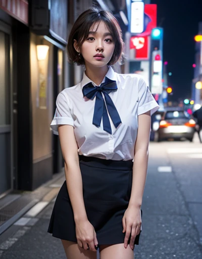 (8k, RAW Photos, masterpiece:1.3), (Realistic, photo-Realistic:1.37), (night), (Watching the audience:1.331), (Gray Hair), Pose, Tokyo Street, nightcityscape, Cyberpunk City, Soft Light, One girl, Extremely beautiful face, bust, Put your hands down, Random...