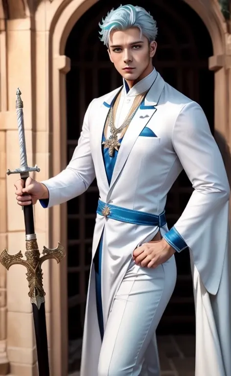 elegant man, strong physique, white tunic, white arabic pants, light blue noble blouse, white boots, messy light blue hair, Look of satisfaction, short hair, Dark blue eyes, noble appearance, holding a silver spear, old castle, Medieval setting.