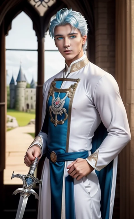 elegant man, strong physique, white tunic, white arabic pants, light blue noble blouse, white boots, messy light blue hair, Look of satisfaction, short hair, Dark blue eyes, noble appearance, holding a silver spear, old castle, Medieval setting.