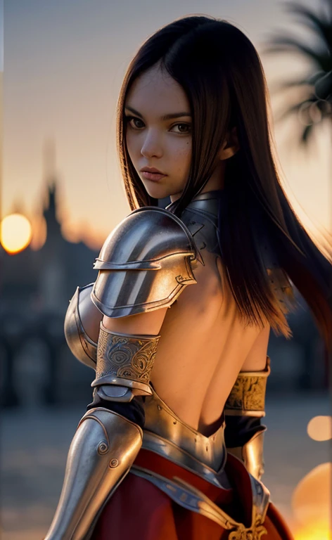 Erza scarlet, (masterpiece), (extremely intricate:1.3), (realistic), Portrait of a girl, The most beautiful in the world, (medieval armor), metal reflections, upper body, outdoors, Intense sunlight, Faraway Castle, professional photography of a stunning wo...