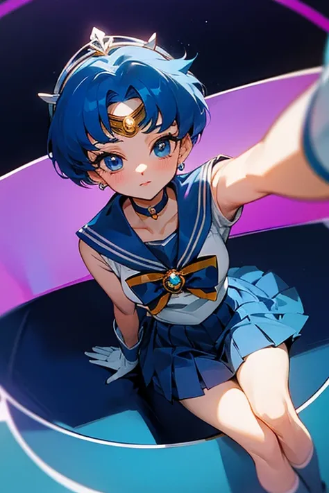 {best quality:1.5}, {very aesthetic:1.2}, ami mizuno, blue eyes, blue hair, short hair, parted bangs,back bow, blue bow, blue choker, blue sailor collar, blue skirt, bow, choker, earrings, gloves, jewelry, magical girl, miniskirt, pleated skirt, sailor col...