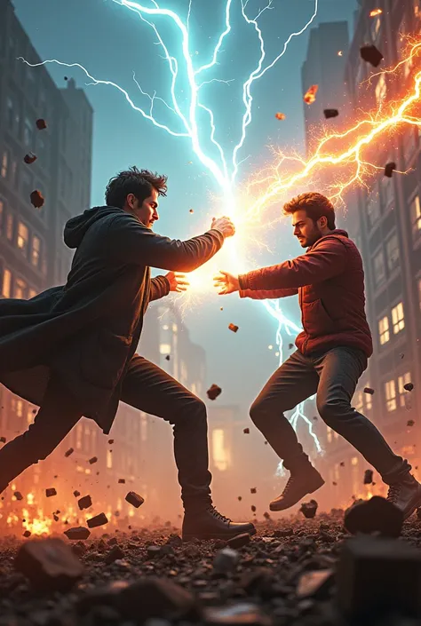 Tyler Hoechlin and Daniel Sharman in an epic magic battle against each other, everything around the two will be destroyed and in chaos, with normal clothes