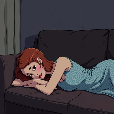 Young woman, nighty, lying on her stomach on the couch, looks very enjoyable, futurama style, looks depressing, high quality, ultra-detailed, crazy details, 4K
