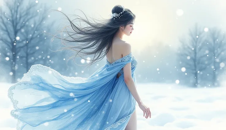 ((Watercolor drawing)), beautiful asian woman with big breasts in revealing national dress, USA, goddess of winter, ((the wind tears off the outfit)), you can see the legs. blue, snow