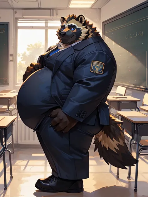 Wolverine with huge belly, overweight, massive belly, chubby face, chubby legs, chubby butt, wears shoes, wears Long suit, Blue eyes, classroom background, teaching, Solo, Looking at viewer 