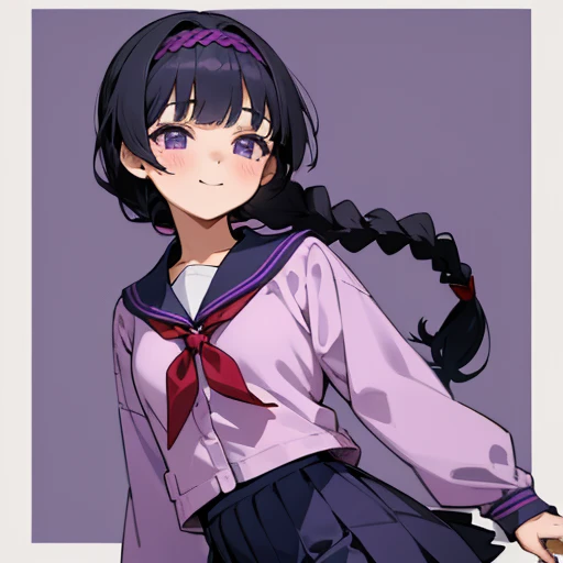 1 girl, Junior high school students, ((black hair)), Braided ponytail, Purple Eyes, Purple ribbon hair accessory, Uniform, Sailor suit((Long sleeve)), Pastel Purple Cardigan, (白色のSailor suit), Navy blue collar, ((Red tie ribbon)), (Navy blue pleated skirt)...