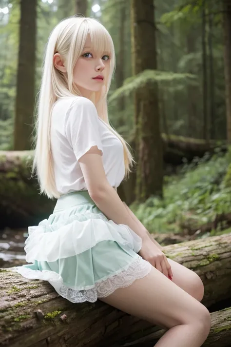 Best Quality　Close distance　Albino super beauty　Fairy-like beauty　Straight medium length hair with bangs　Her panties are visible through her skirt　Model-like pose　Misty Forest　Sit on a log