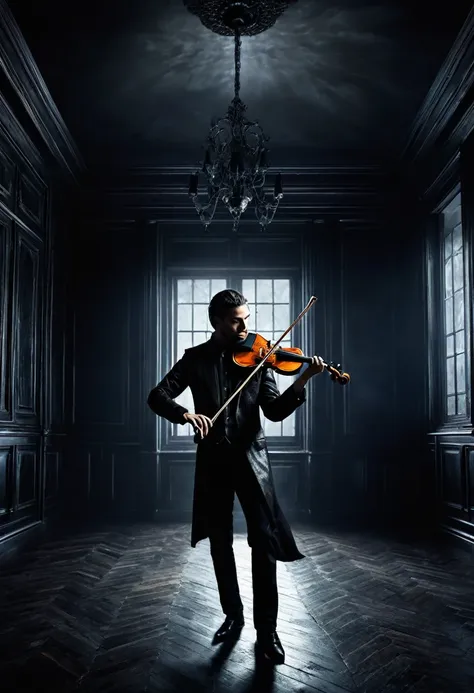 image of a man playing the violin in a dark room., violin fantasy, kerem poem, just art for dark metal music, dark but detailed ...