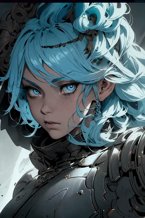 "Create a stylized illustration of a knight girl with short, light blue hair. She stands in the center, her expression is gloomy and solemn, and her face is smeared with blood, signifying a hard-fought battle. Her armor is battered, showing signs of combat...