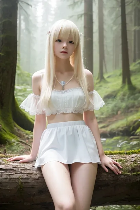 Best Quality　Close distance　Albino super beauty　Fairy-like beauty　Straight medium length hair with bangs　Her panties are visible through her skirt　Model-like pose　Misty Forest　Sit on a log