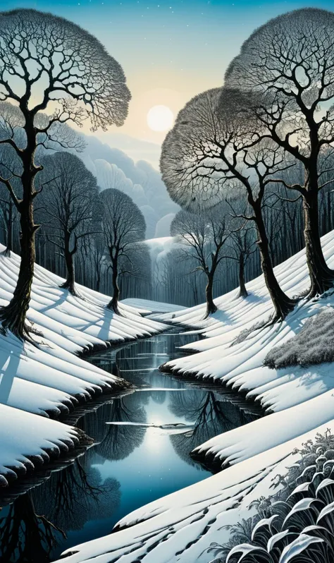 create a random breathtaking surreal fantasy winter landscape scenery in England, optical illusion, fligree, zentangle fractal splash style, etching, ink v3, digital oilpainting, pointilist fantasy mail art by aaron horkey 16k uhd, dynamic, influence by re...