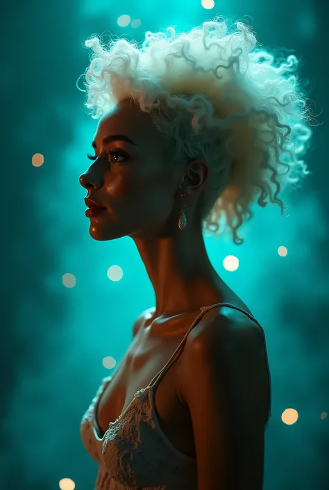 (Cinematic, emotional:1.3), Silhouette of a female against a turquoise backdrop, glowing particles around her, voluminous white hair highlighted, calm expression profiled, (small breasts, orange accents), freckled skin, the photograph captured in stunning ...