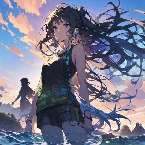 High resolution, Very detailed, Ultra-detailed, Fantasy、landscape、sea、silhouette、star、流れstar、Very long hair, Gradient color hairstyle, bangs, Hair blowing in the wind, Super long hair, Wet Hair, Earphones, Top quality black hair, Half-up hairstyle, 