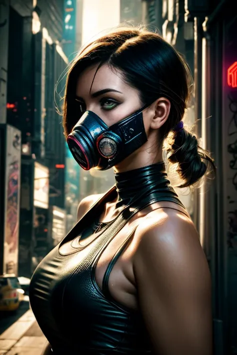 cyberpunk girl ,Graffiti, gas mask,(Premium、8K、32k、​masterpiece)、(The ultra - High definition)、(photorealistic:1.4), dynamic pose, COWBOY SHOT, cyberpunk fashion,Depth of Fields, cyberpunk city background, cinematic lighting.