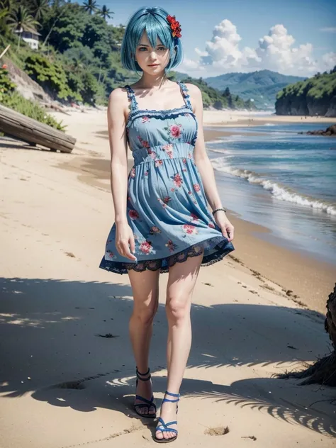 Nico, short blue hair, blue eyes, Best quality</input></xml>, casual dress, 1 , high resolution,  whole body, wearing a short red floral dress with lace, Wearing black sandals, on a beach, Cabelo Okappa, 