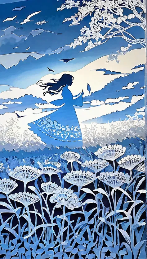 fusion of oil painting and watercolor painting, fusion of paper cutting and shadow puppetry, best quality, super fine, 16k, incredibly absurdres, extremely detailed, delicate and dynamic, clear prairie, dazzling sunlight, large piece of frilly white lace h...