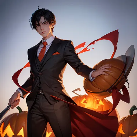 halloween character illustration,alone,the head is a giant pumpkin.,fire eyes,wear a suit,holding a sickle,masterpiece,white bac...