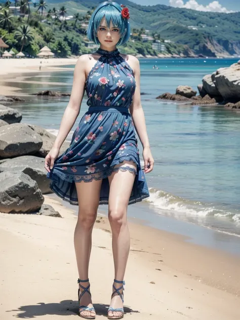 Nico, short blue hair, blue eyes, Best quality</input></xml>, casual dress, 1 , high resolution,  whole body, wearing a short red floral dress with lace, Wearing black sandals, on a beach, pulling up the skirt