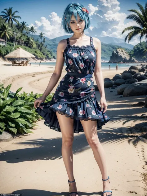 Nico, short blue hair, blue eyes, Best quality</input></xml>, casual dress, 1 , high resolution,  whole body, wearing a short red floral dress with lace, Wearing black sandals, on a beach, pulling up the skirt