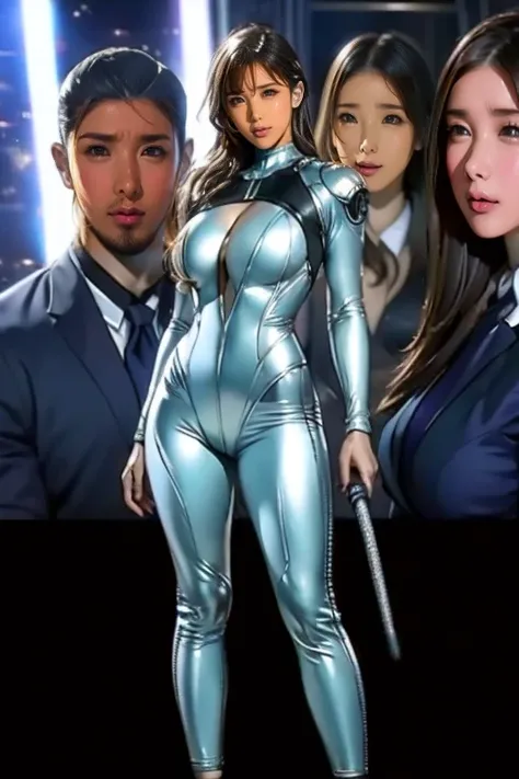 Close-up of a man in a silver suit holding a gun, Sil from seeds, Jet Stream Sam from Metal Gear, Wearing sci-fi military armor, Silver space suit, Sci-fi android woman, , Full body X-Force outfit, SF Women, Female security guard with a snake face, Female ...