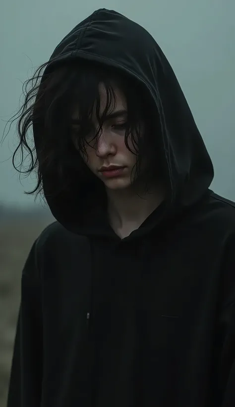 Emo teen boy, black wavy hair, long hair, bangs, hair on one eye, delicate face, sad facial expression, depressed, black clothes, oversized hoodie, waist shot