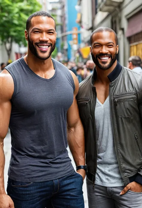 Asian American video game character Ada Wong of "Resident Evil" and a handsome African American male whose facial features are a combo of Omari Hardwick + Nathan Mitchell + Isaiah Mustafa pose together for a photo. Both are smiling. Both are dressed casual...