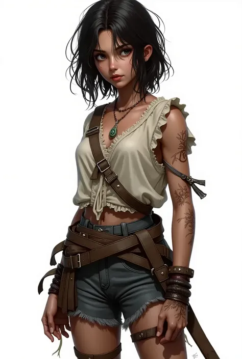 fantasy RPG style White background, The young woman has an appearance marked by a life of adventures and challenges. Her black hair, disheveled, fall at shoulder height in a disorderly manner, suggesting that she doesn&#39;t care much about her appearance ...