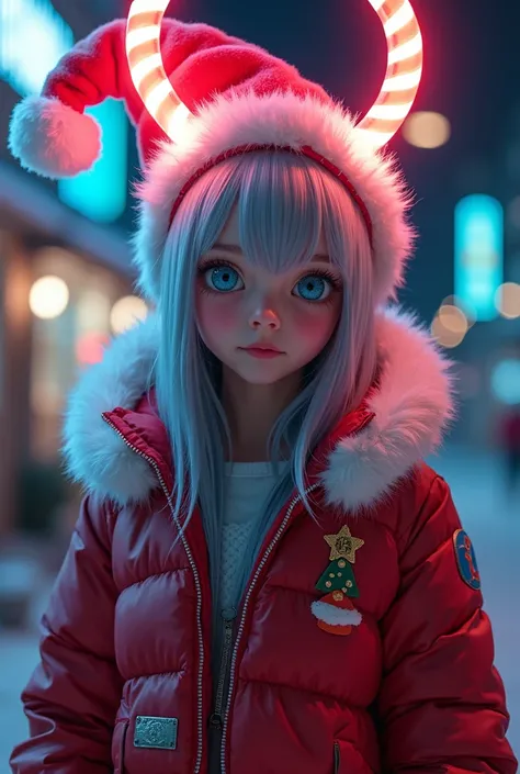 A very beautiful & attractive young girl with Australian  face, wearing a cyberpunk armory designed like a santa clause wearing a cyberpunk designed santa clause head band, with gaint illuminating candy cane, with ice  hawk design & hats, full body viewing...