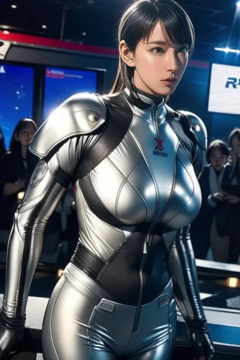 Close-up of a man in a silver suit holding a gun, Sil from seeds, Jet Stream Sam from Metal Gear, Wearing sci-fi military armor, Silver space suit, Sci-fi android woman, , Full body X-Force outfit, SF Women, Female security guard with a snake face, Female ...