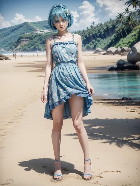 Nico, short blue hair, blue eyes, Best quality</input></xml>, casual dress, 1 , high resolution,  whole body, wearing a short blue floral dress with lace, Wearing black sandals, on a beach, pulling up the skirt