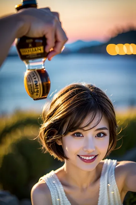 (Realistic, 超Realistic:1.4), 16K HDR, High resolution,((Whiskey Glass)),((Whiskey Bottle)),((Whiskey Glass)),Happy smile、short hair,The best smile、Japanese actress,so beautiful(It looks like the real thing),Evening Dresses,Cocktail Dresses、Whiskey Bottle、T...