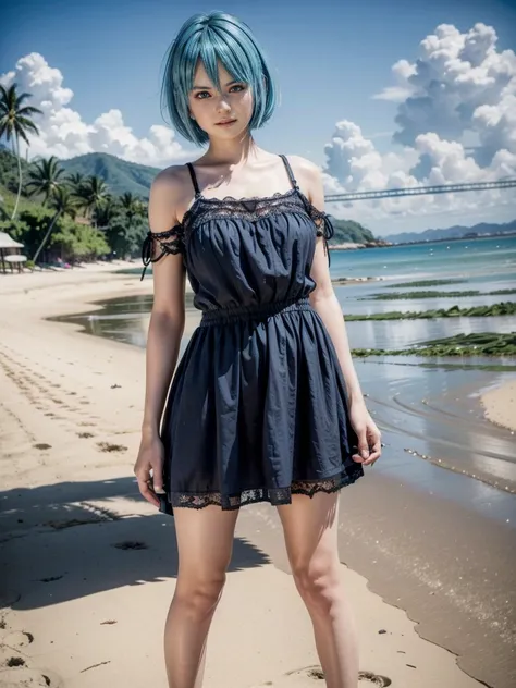 Nico, short blue hair, blue eyes, Best quality</input></xml>, casual dress, 1 , high resolution,  whole body, wearing a short black babydoll with lace, Wearing black sandals, on a beach, pulling up the skirt, low angle