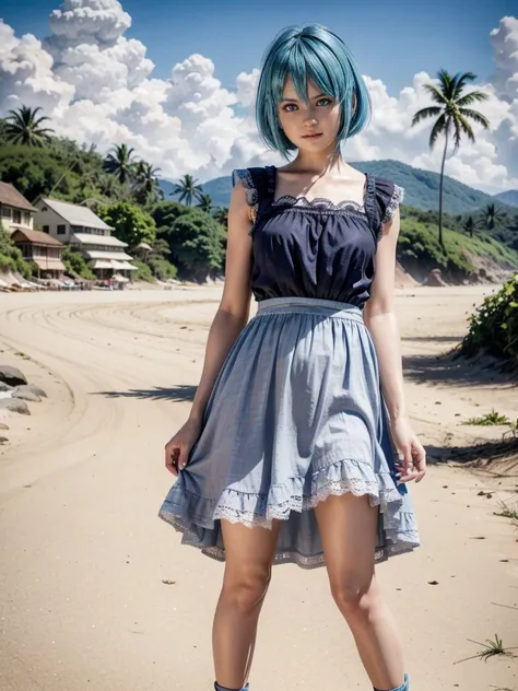 Nico, short blue hair, blue eyes, Best quality</input></xml>, casual dress, 1 , high resolution,  whole body, wearing a pink babydoll with lace, Wearing black sandals, on a beach, pulling up the skirt, low angle