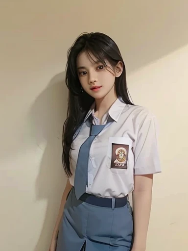 A beautiful young woman with long, straight black hair, posing confidently. She is wearing indonesian high School uniform, a fitted white button-down shirt, with some variations where her outfit may include a black tie or a slightly open collar. Her expres...