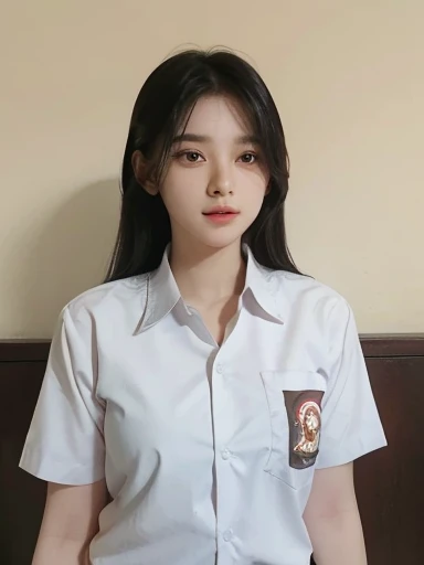 A beautiful young woman with long, straight black hair, posing confidently. She is wearing indonesian high School uniform, a fitted white button-down shirt, with some variations where her outfit may include a black tie or a slightly open collar. Her expres...