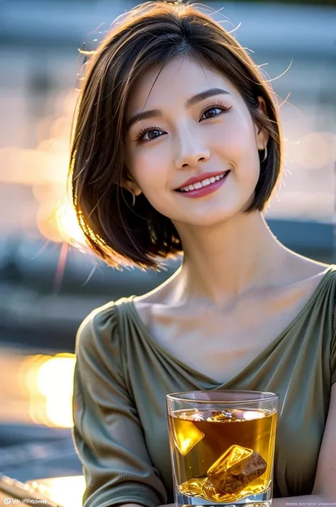 (Realistic, 超Realistic:1.4), 16K HDR, High resolution,((Whiskey Glass)),((Whiskey Bottle)),((Whiskey Glass)),Happy smile、short hair,The best smile、Japanese actress,so beautiful(It looks like the real thing),Evening Dresses,Cocktail Dresses、Whiskey Bottle、T...